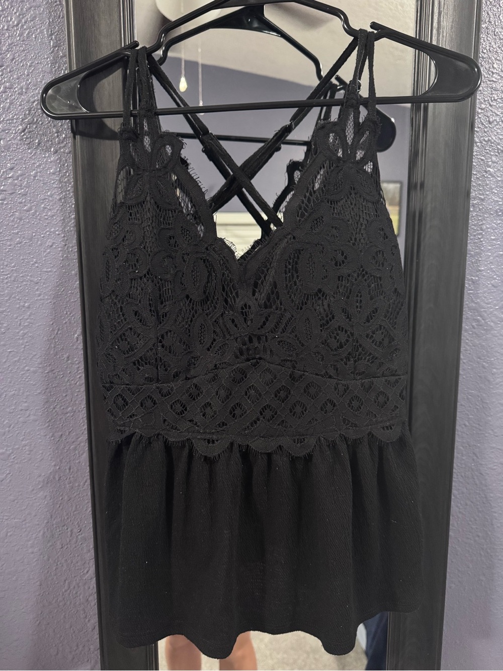 No Boundaries Black Lace Peplum Cami with Crisscross Straps
